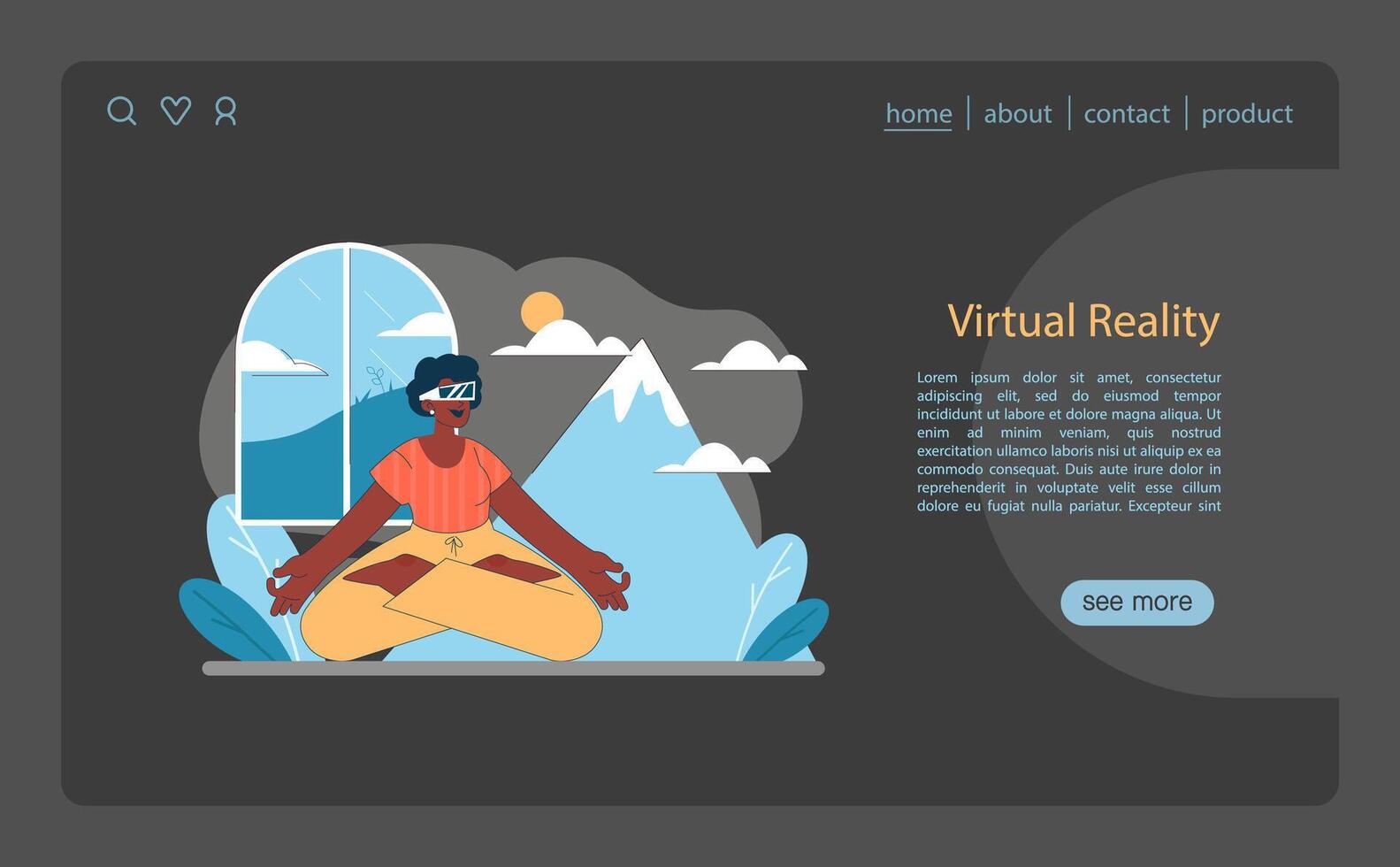 virtueel realiteit concept. een sereen figuur in meditatie harnassen vr naar onderzoeken rustig berg scènes vector