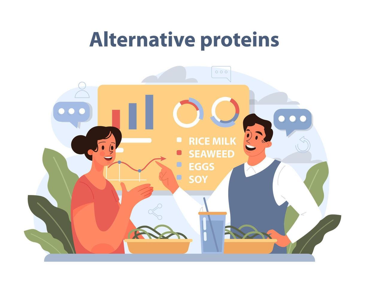 alternatief eiwitten concept. twee mensen bespreken verschillend eiwit bronnen Leuk vinden rijst- melk en zeewier. vector