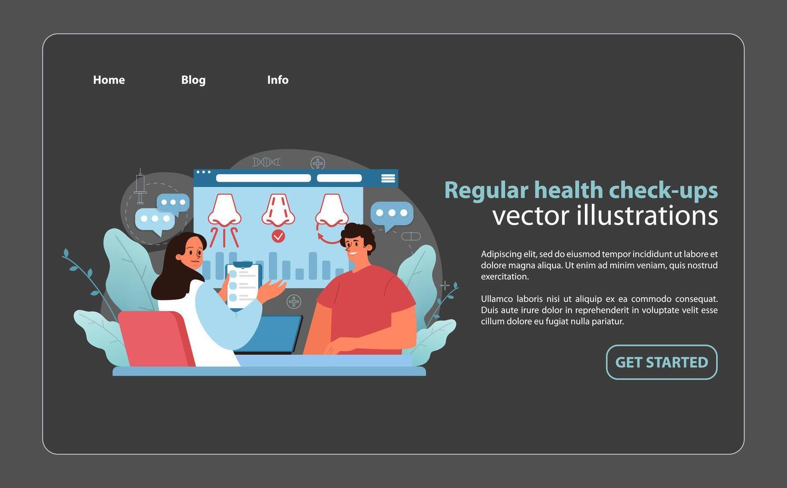 Gezondheid controle illustratie. geduldig bespreekt olfactorisch Gezondheid met een medisch professioneel. vector