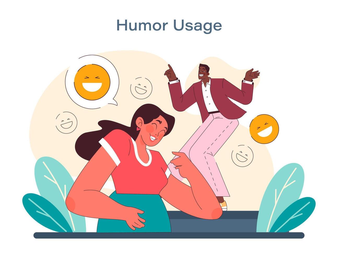 humor gebruik concept. een levendig vector tafereel waar gelach is gedeeld en vreugde is besmettelijk