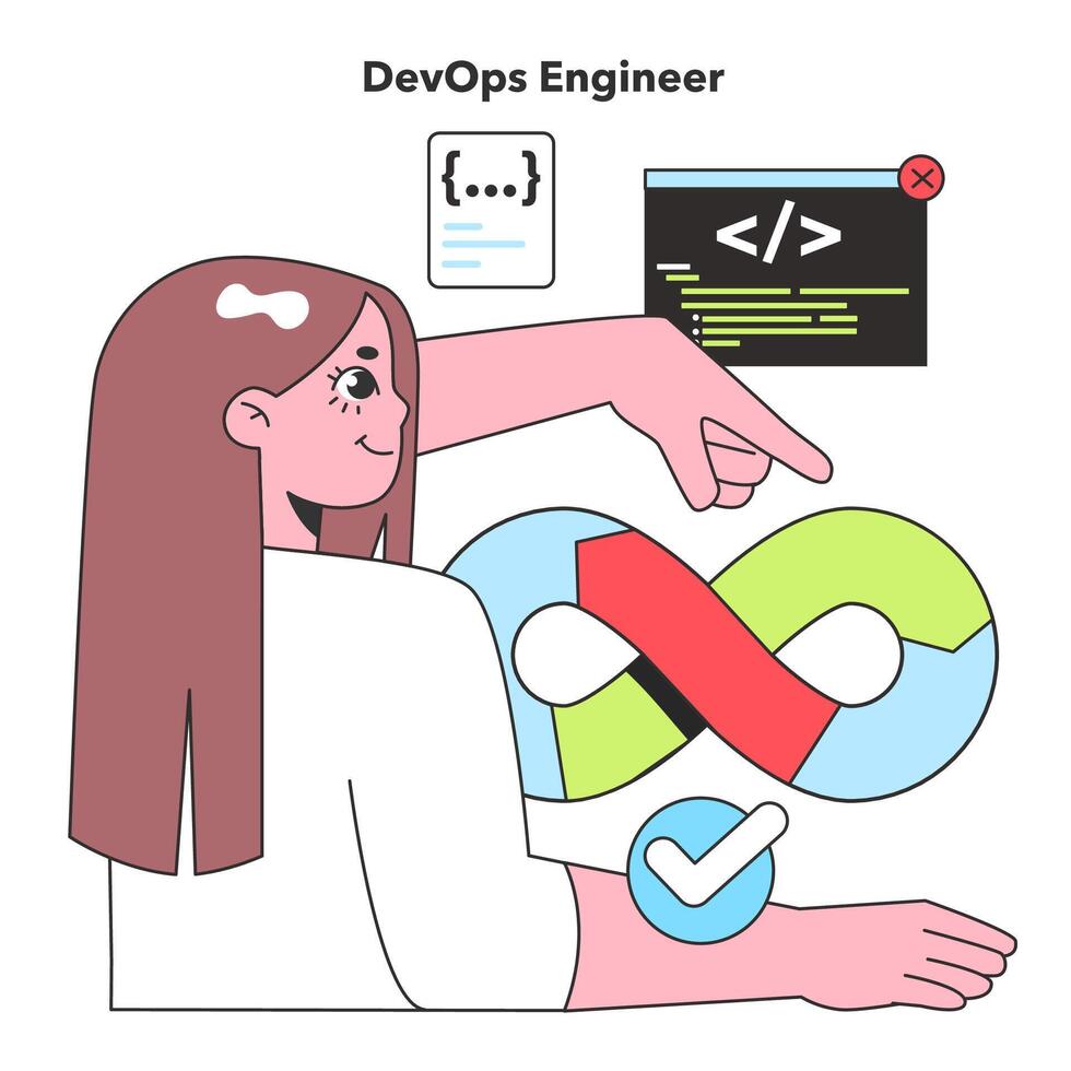 een devops ingenieur integreert ontwikkeling en activiteiten, illustreren de naadloos synergie tussen codering en systeem beheer in het. vector