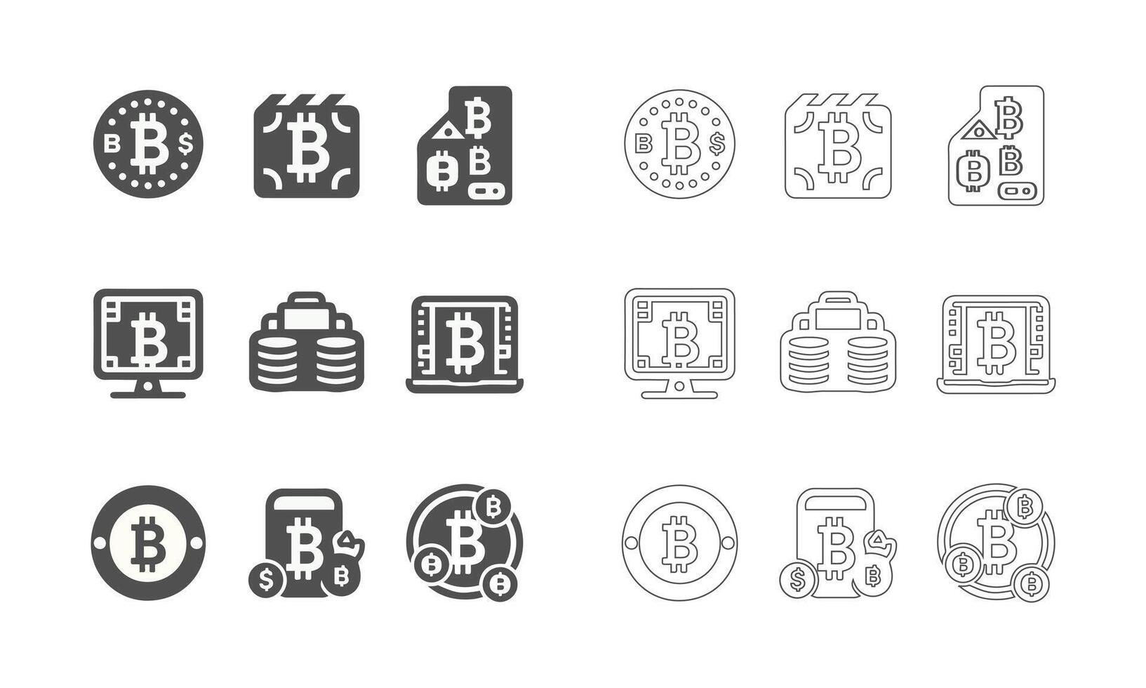 cryptogeld bitcoin solide en schets icoon reeks vector