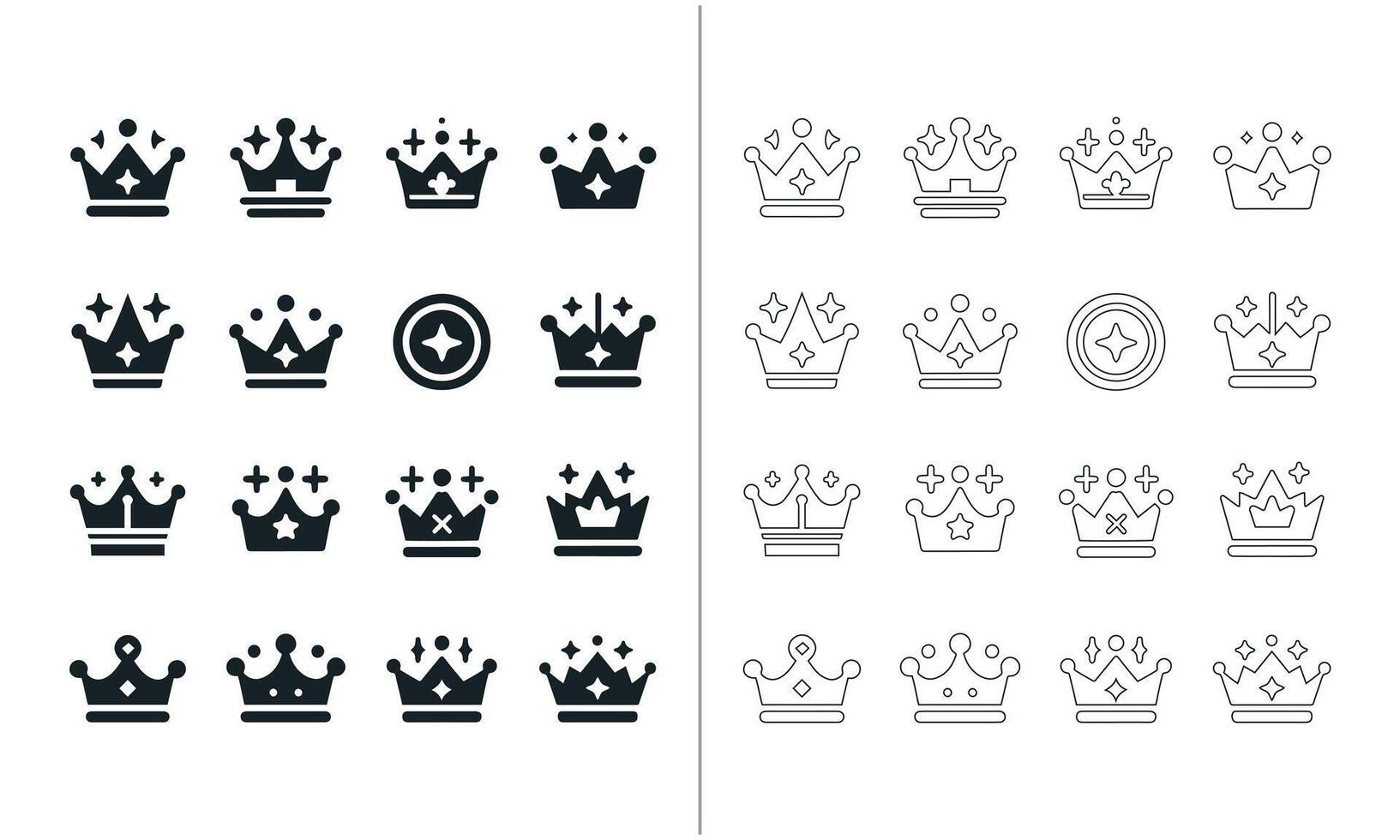 een verzameling van kroon pictogrammen vertegenwoordigen koningen en koninginnen, beschikbaar in beide solide en geschetst stijlen vector