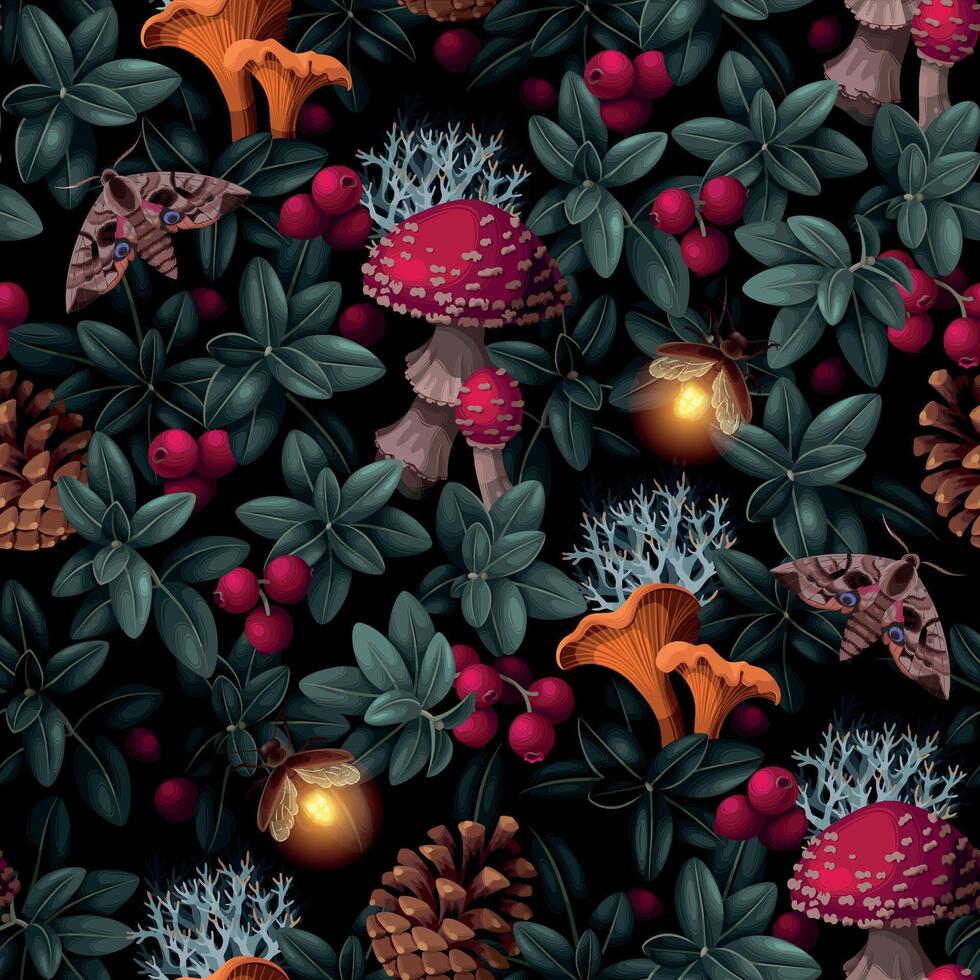 vector naadloos patroon met donker Woud flora, champignons en vuurvliegjes