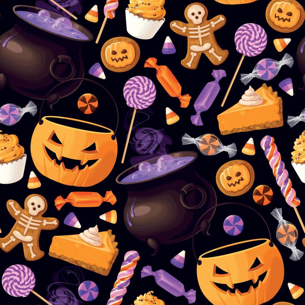 snoepgoed snoepjes en kleurrijk lolly in ketel halloween naadloos patroon vector illustraties
