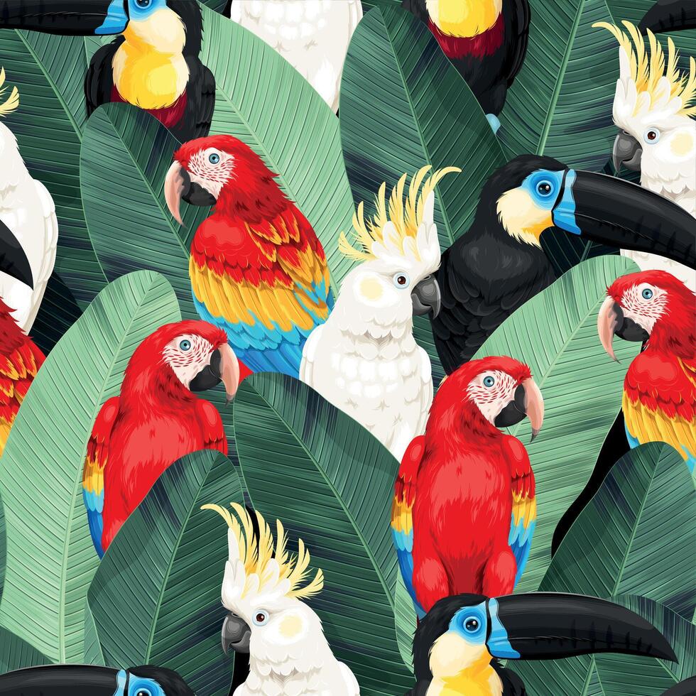 vector naadloos patroon met hoog gedetailleerd tropisch vogelstand Aan palm bladeren