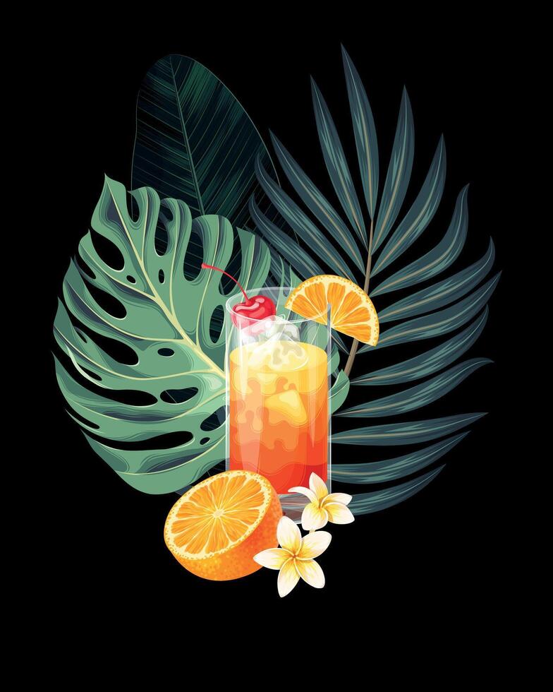 tequila zonsopkomst cocktail en palm bladeren vector illustratie