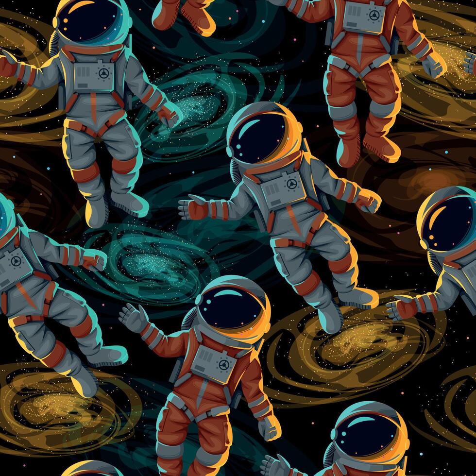 astronauten in wit pak ruimte gloed vector patroon Aan zwart achtergrond
