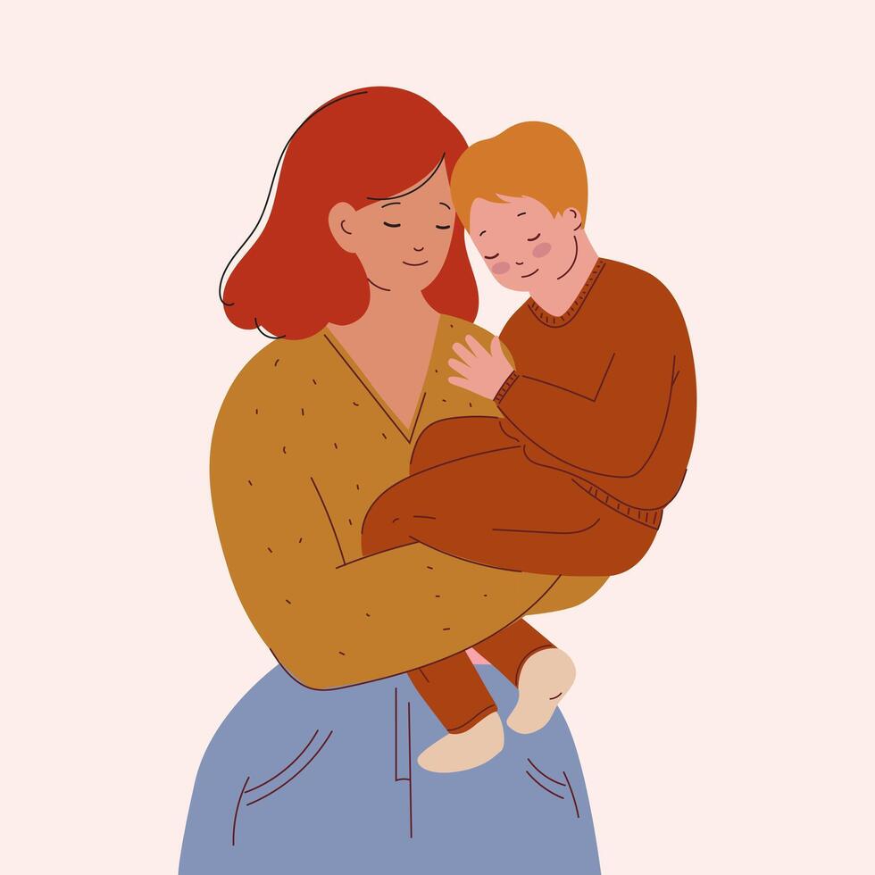 mam houdt haar baby zoon in haar armen. moeder en peuter. concept van familie, moederschap, kinderopvang. gelukkig moeder dag kaart. vector illustratie. kalm, gelukkig familie. vrouw Holding baby