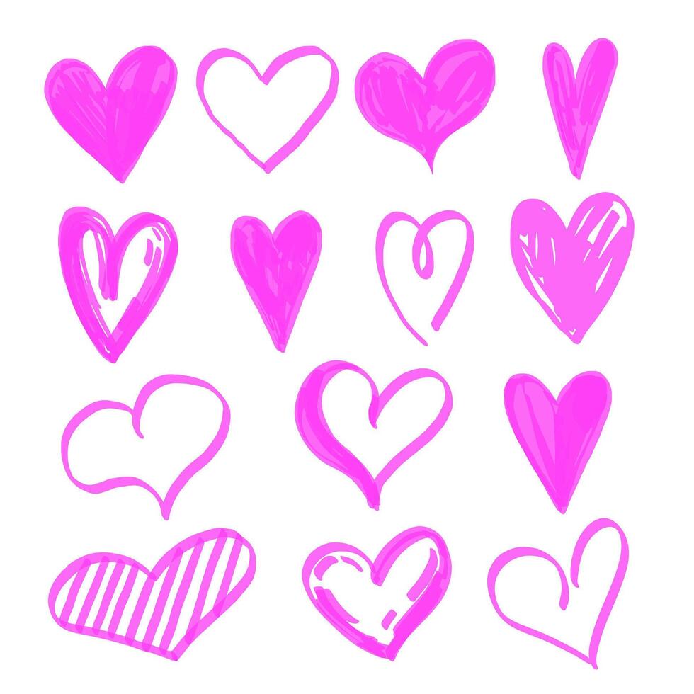 reeks van harten getrokken met roze markeerstift. hart vorm geschilderd met markeerstift geïsoleerd Aan wit achtergrond. vector illustratie.