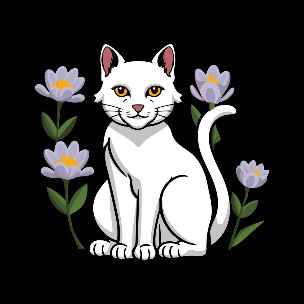 een wit kat met geel ogen zit in voorkant van Purper bloemen. vector