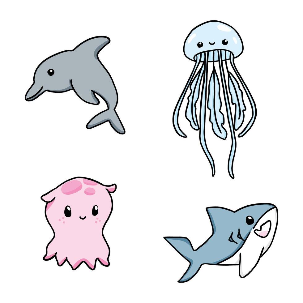 schattig kawaii illustratie van zee dieren vector