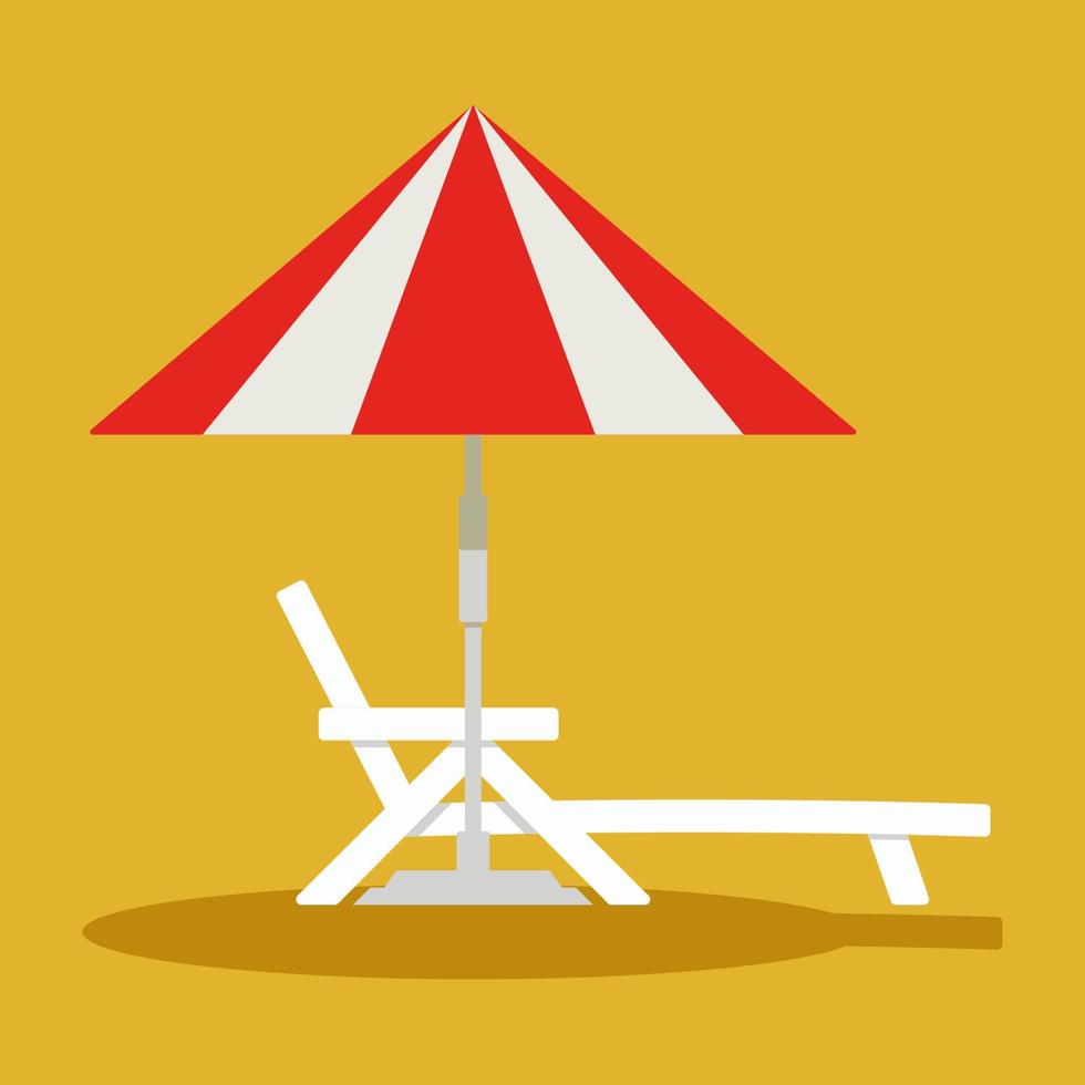 ligstoel, lounge of zonnebank met parasol. strand- of zwembadparasol lineair met zonnebank in rode en witte kleuren. het symbool van een vakantie aan zee geïsoleerd vector