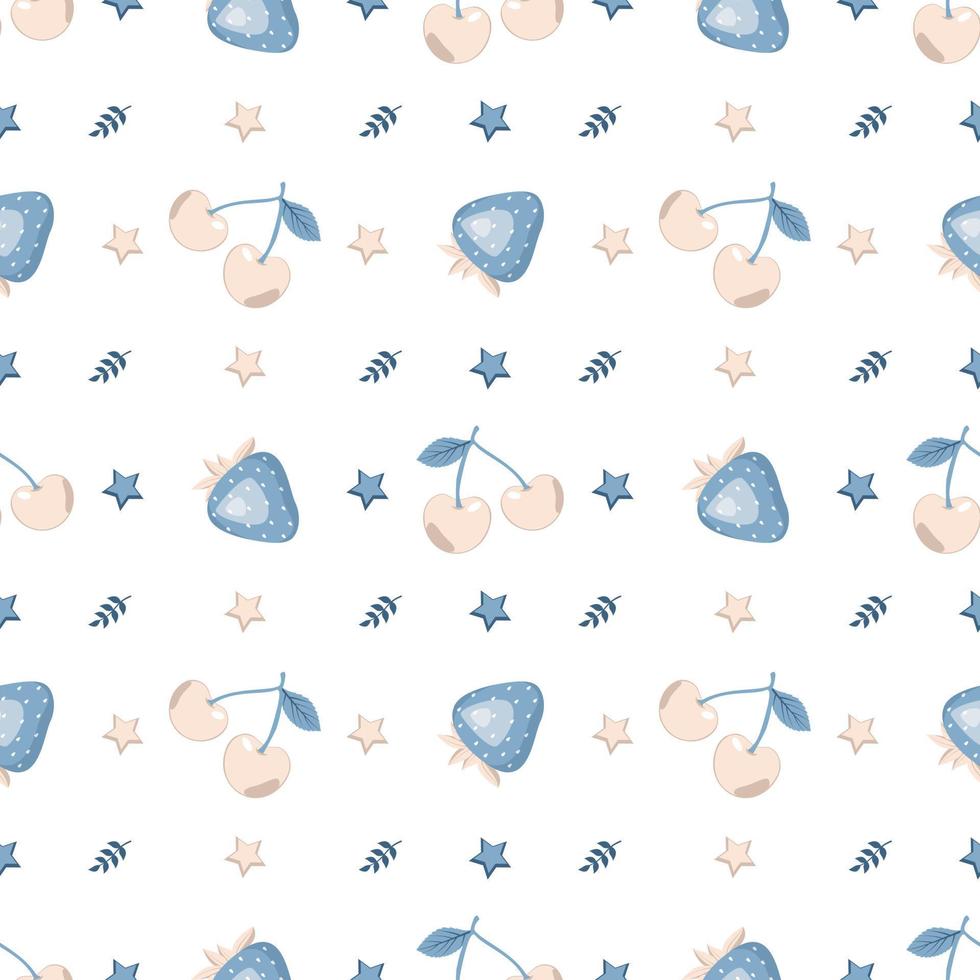 schattig naadloos patroon met blauwe aardbeien, kersen en bladeren. delicate print voor inpakpapier, textiel en design vector