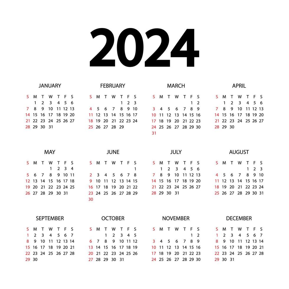 kalendersjabloon voor 2024 jaar. planner dagboek in een minimalistische stijl. de week begint op zondag. jaarlijkse kalendersjabloon. mockup-ontwerp in zwart-witte kleuren, vakanties in rode kleuren vector