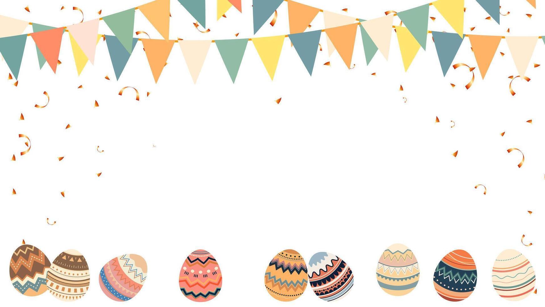 gelukkig Pasen banier van mooi geschilderd eieren, driehoek wimpels keten en confetti voor de kinderen spel ei jacht vector