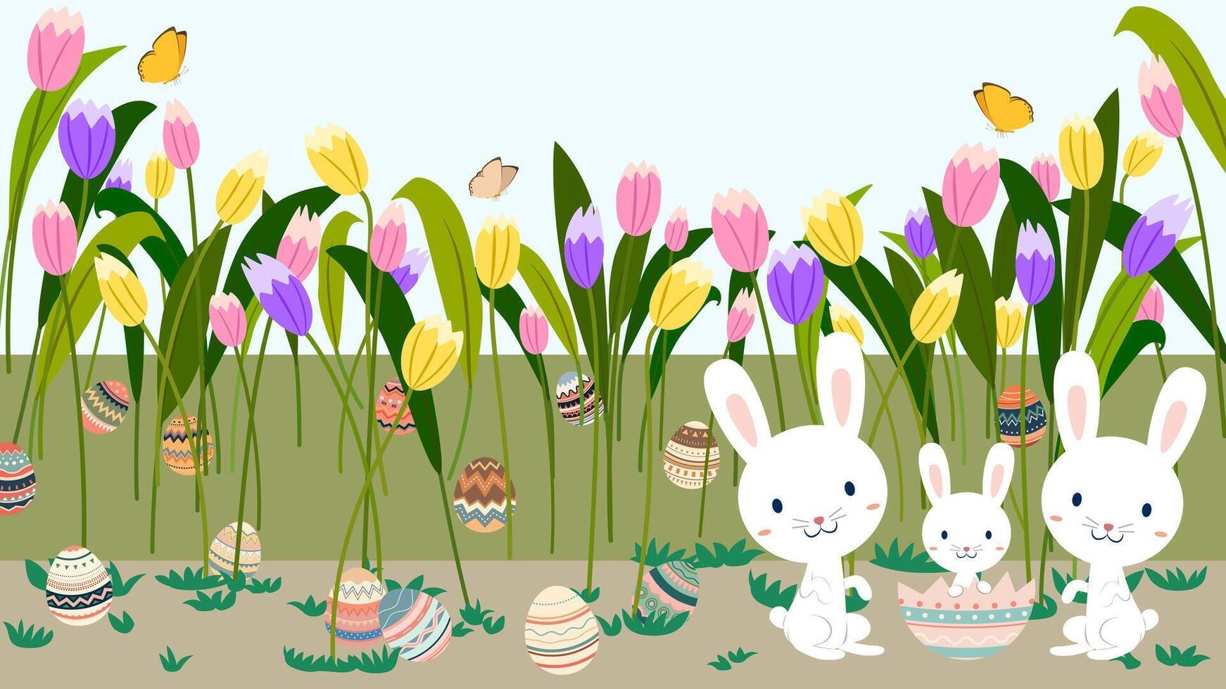 schattig tekenfilm Pasen groet banier, groot groet kaart, tulpen, geschilderd eieren en konijn vector