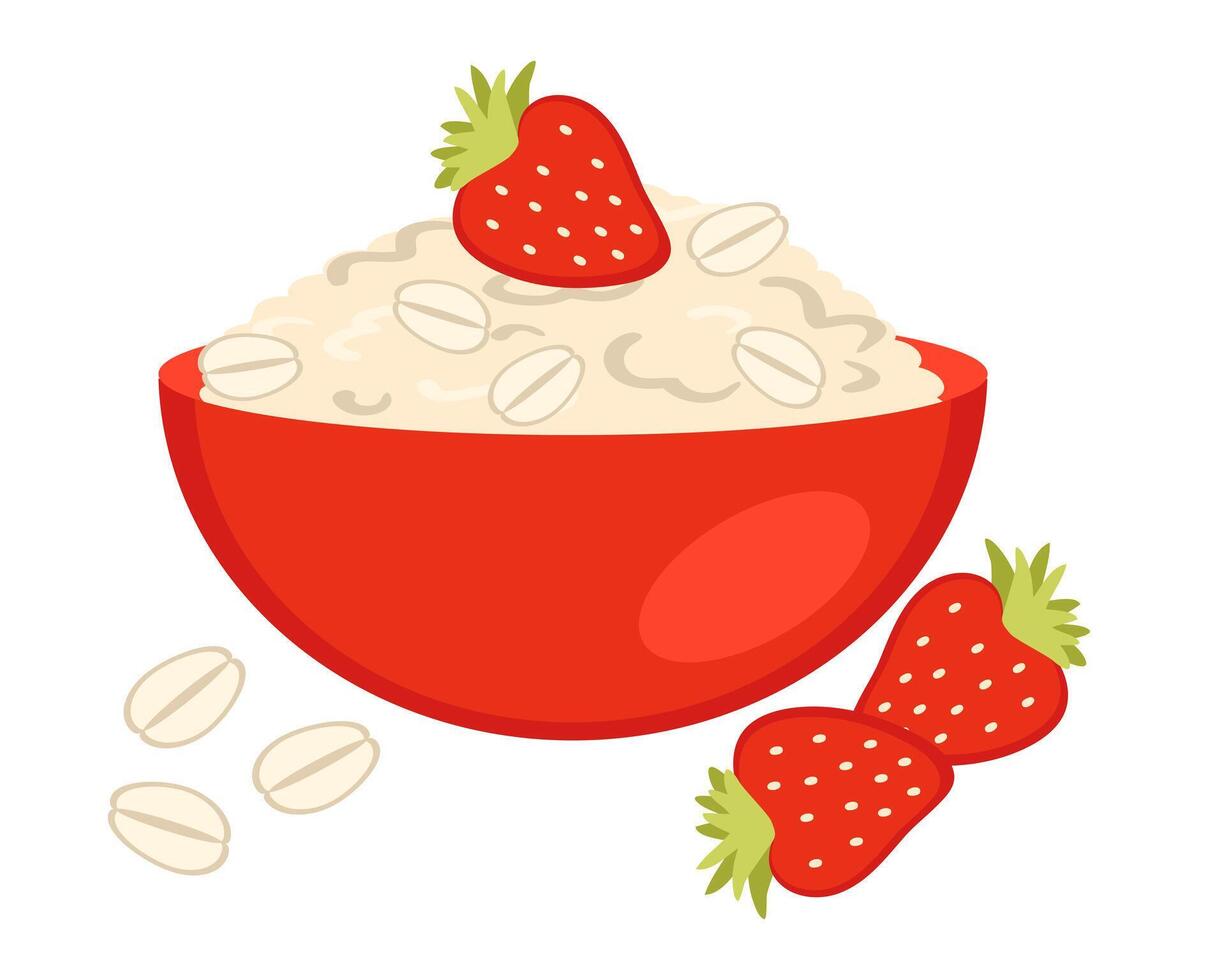 havermout pap in rood kom met aardbei bessen. perfect voor menu, sticker, poster. vector