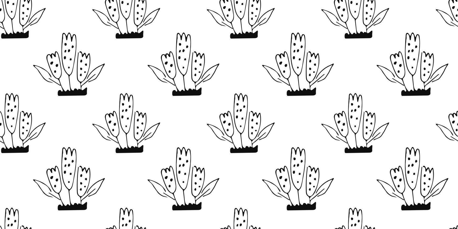 schets tekening bloem naadloos patroon. hand- getrokken botanisch achtergrond met abstract bloemen motief. zwart afdrukken voor kleding stof, omhulsel papier, behang ontwerp vector
