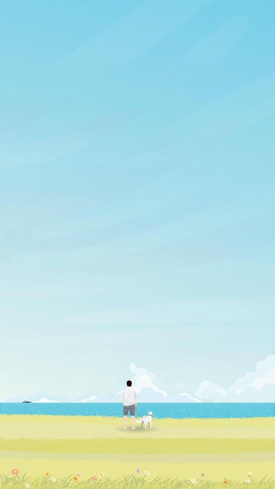 Mens met zijn hond Bij kust in zomer vector illustratie verticaal vorm geven aan. zeegezicht en blauw lucht vlak ontwerp achtergrond.