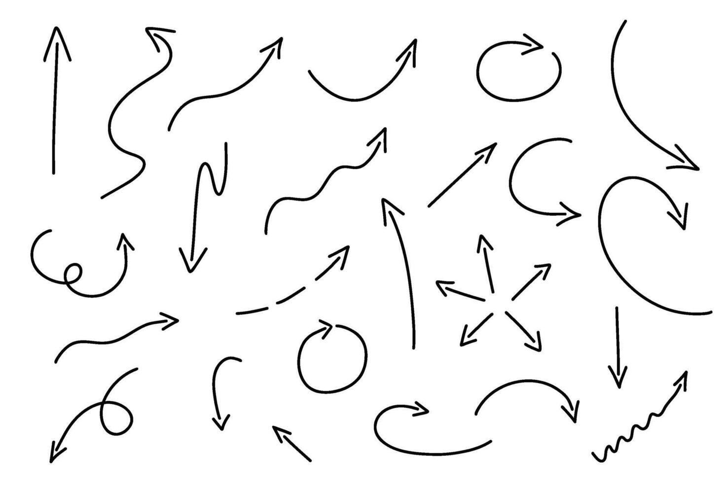 hand- getrokken kruis lijn pijlen set. vector tekening golvend en golvend pijl geïsoleerd.