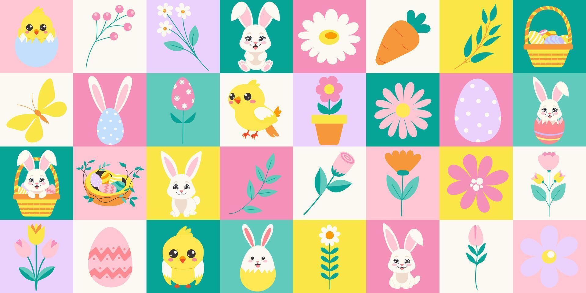 Pasen meetkundig patroon met icoon elementen. bauhaus stijl. konijn, bloem, kuiken, ei, mand. vector vlak ontwerp voor poster, kaart, behang, poster, banier, verpakking.