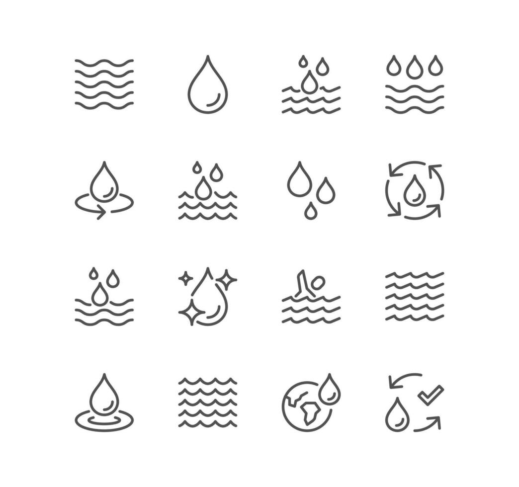 reeks van water verwant pictogrammen, druppels, regenen, zee Golf en lineair verscheidenheid vectoren. vector