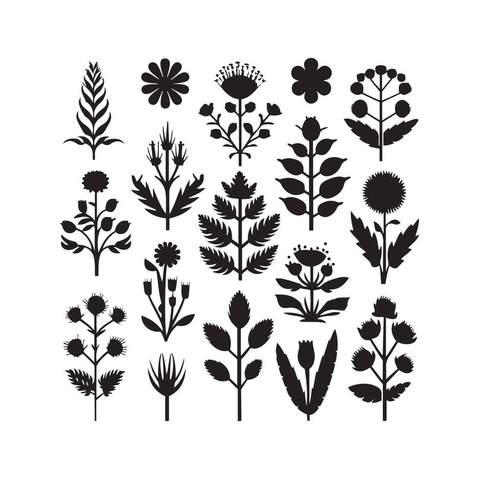 wild weide kruiden bloeiend bloemen vector silhouetten collecties vector kunst illustratie