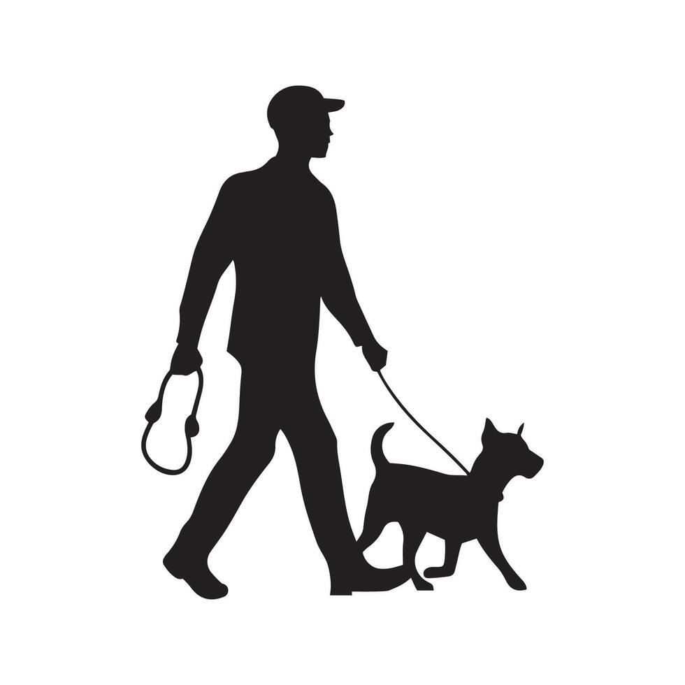 Mens wandelen met hond buitenshuis vector silhouet