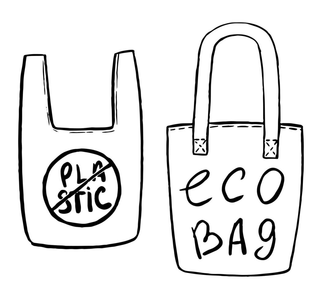 tekening van plastic zak en eco tas. probleem van plastic. hand- getrokken vector illustratie. ecologie thema gemakkelijk tekening geïsoleerd Aan wit. zwart contour elementen voor ontwerp