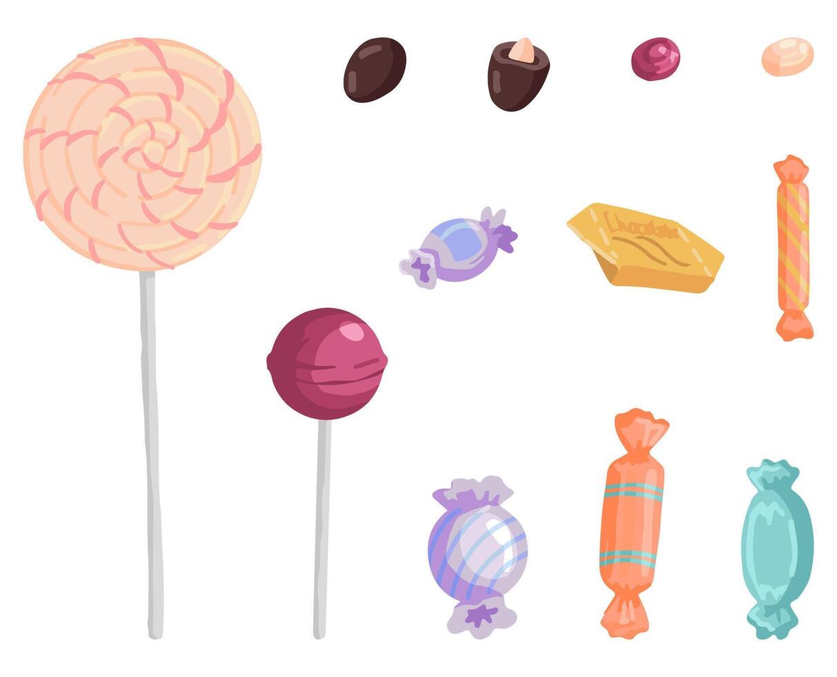 reeks van snoep, lolly krabbels. verzameling van zoet voedsel, desserts. hand- getrokken vector illustratie in vlak stijl. tekenfilm cliparts geïsoleerd Aan wit achtergrond.