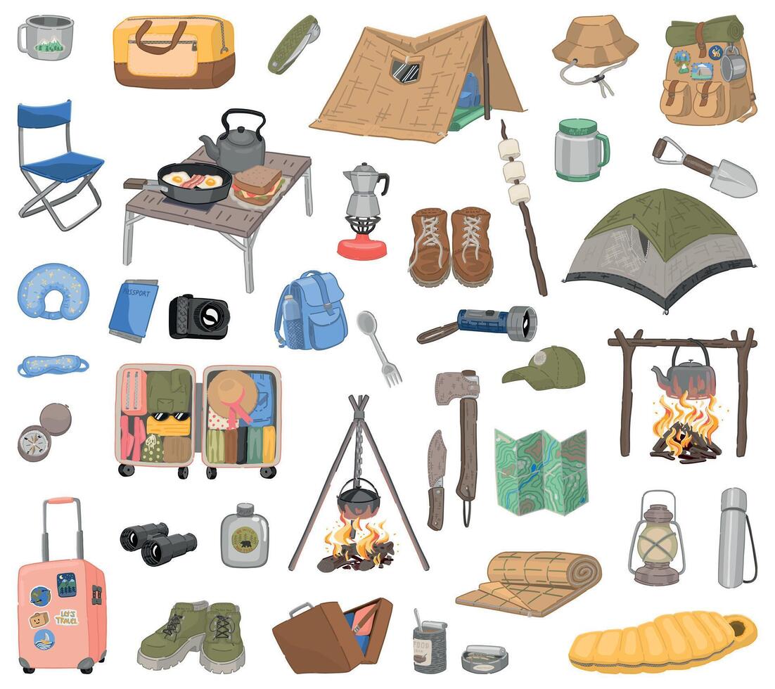 op reis doodles verzameling. reeks van camping artikelen, wandelen apparatuur, reis attributen. vector illustratie in tekenfilm stijl geïsoleerd Aan wit.