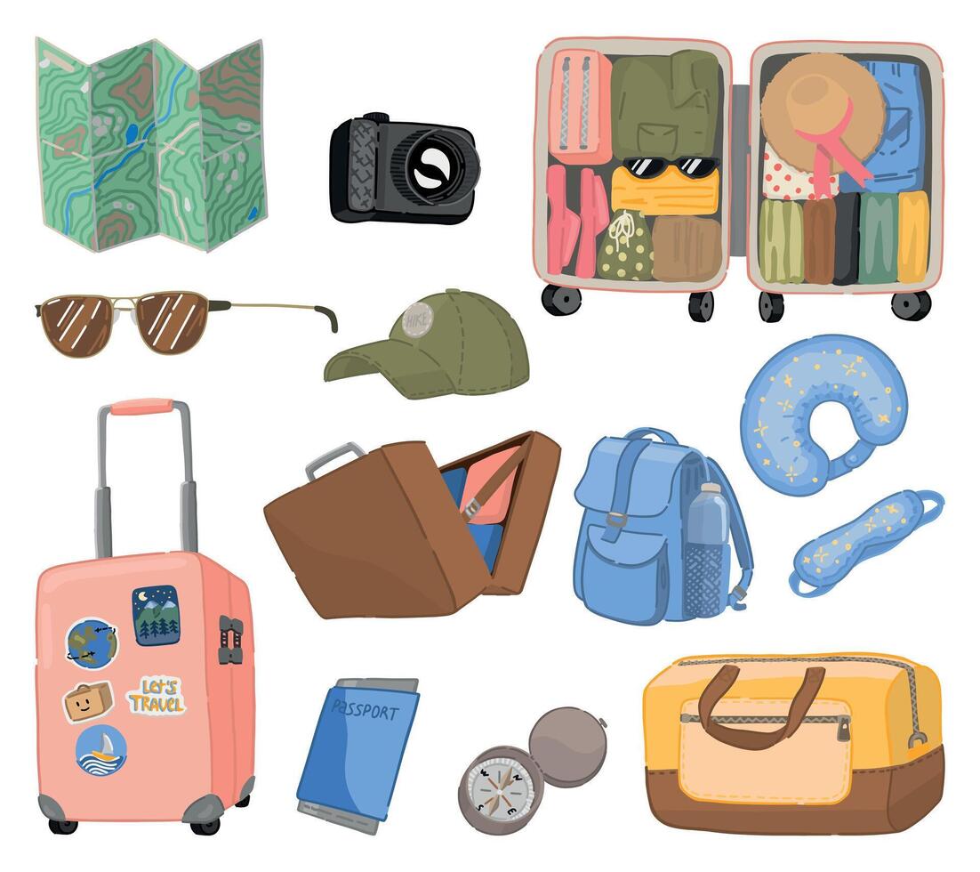 reis doodles verzameling. schetsen reeks van reis attributen, bagage, reizen accessoires. vector illustratie in gravure stijl geïsoleerd Aan wit.