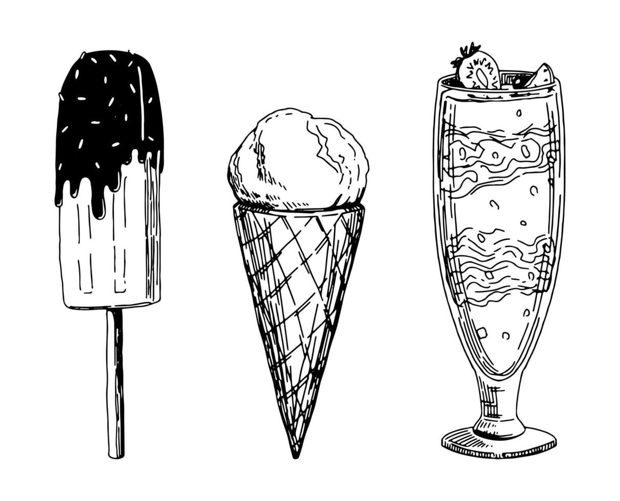 reeks van ijs room schetsen. verzameling van zoet voedsel, desserts. hand- getrokken vector illustratie in retro stijl. schets cliparts geïsoleerd Aan wit achtergrond.