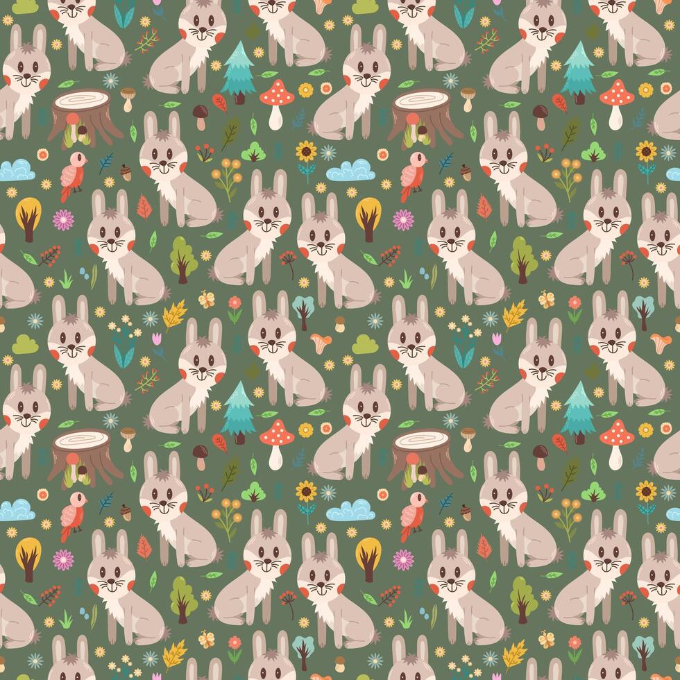 naadloos patroon met konijntjes tussen Woud elementen Aan een gekleurde achtergrond, bewerkbaar. vector ontwerp