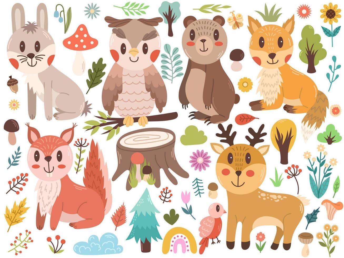 vector reeks van Woud dieren - haas, uil, beer, vos, eekhoorn en hert. tekenfilm schattig karakter illustratie