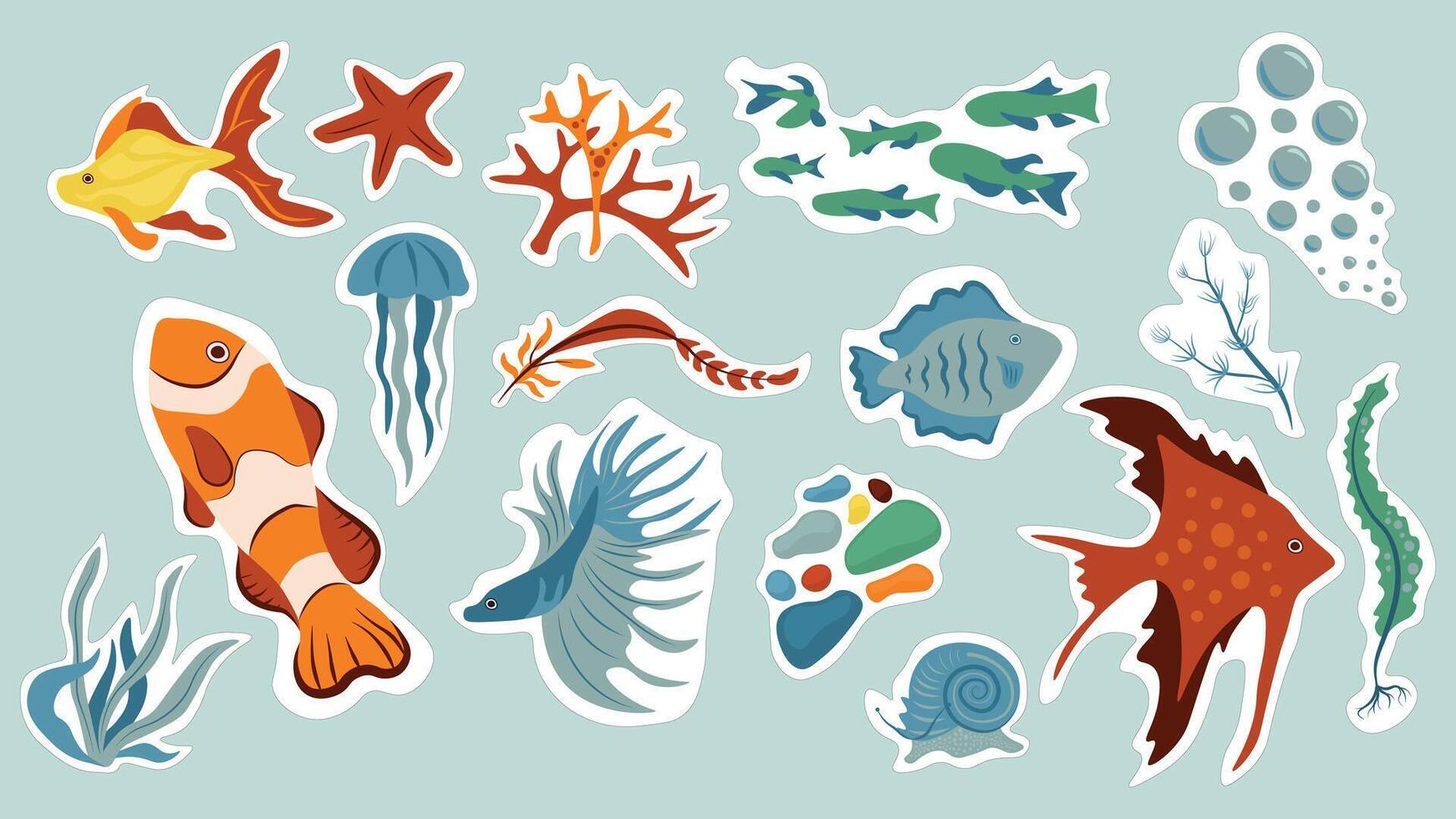 vector illustratie. marinier leven themed stickers of pictogrammen reeks met divers vis, koralen, zeewier, slak, enz.