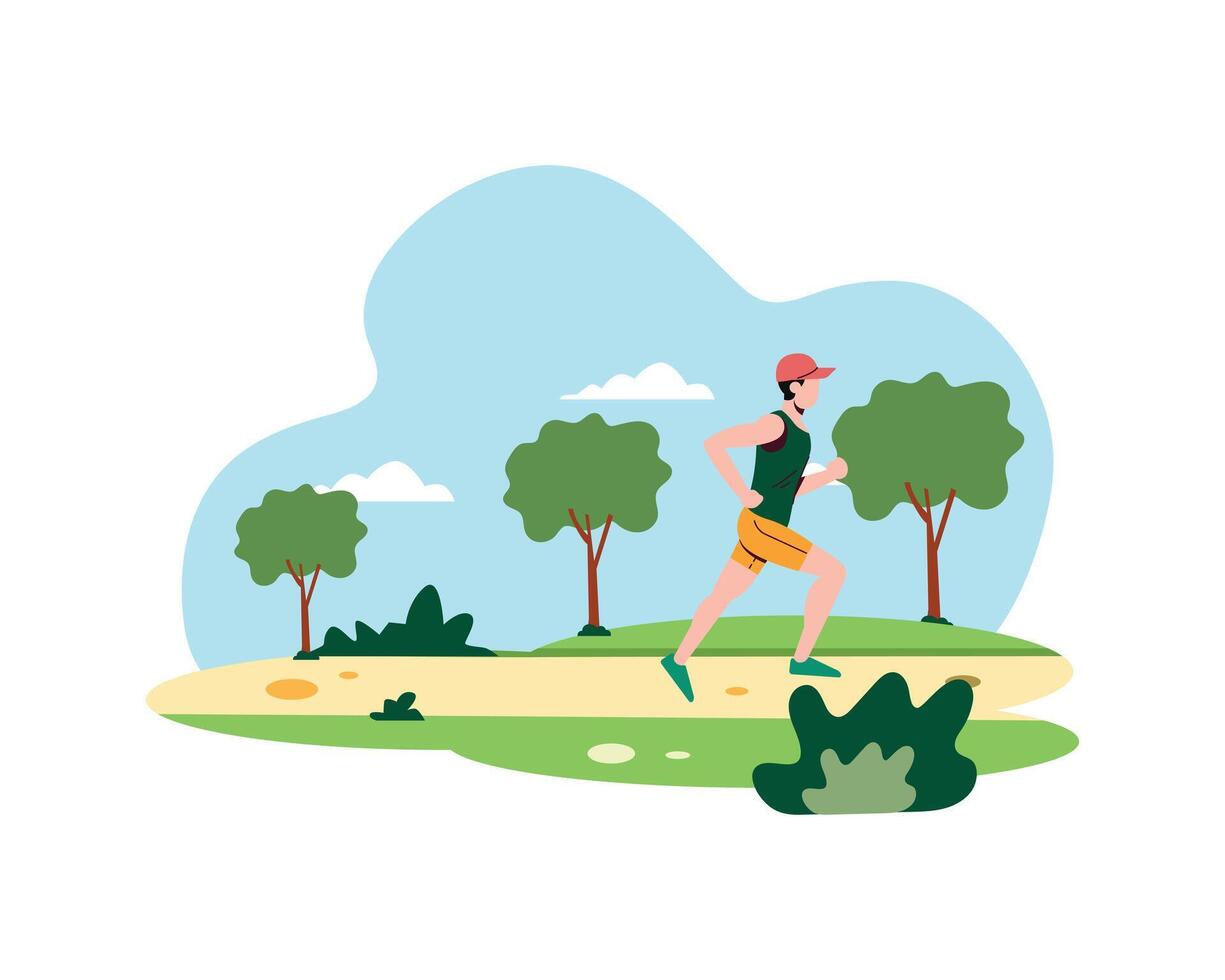 een Mens jogging Bij de park. gemakkelijk vlak ontwerp voor actief mensen in sport en gezond leven concept. vector