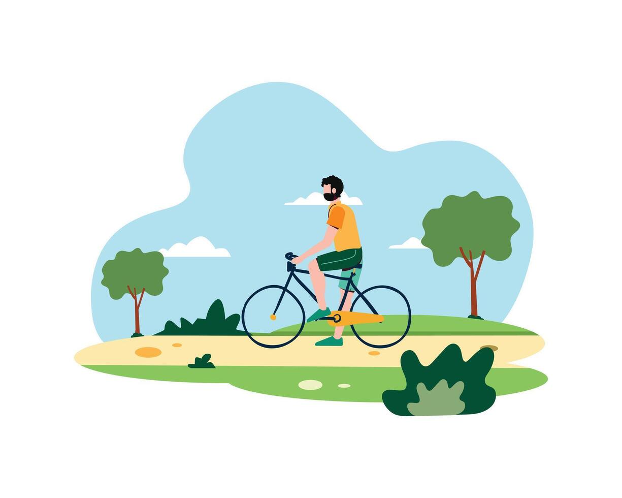 jong Mens met fiets in de park vector illustratie. vlak stijl actief mensen voor sport en recreatie concept ontwerp