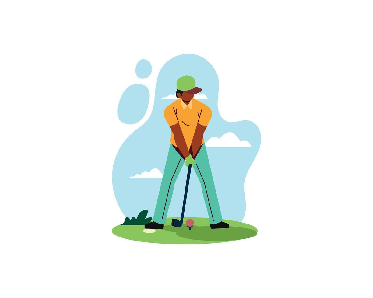 golfspeler spelen golf vector illustratie. tekenfilm geïsoleerd Mens in hoed met club raken bal naar gat Aan veld, actie van speler karakter in pet opleiding in golf Cursus, vrije tijd