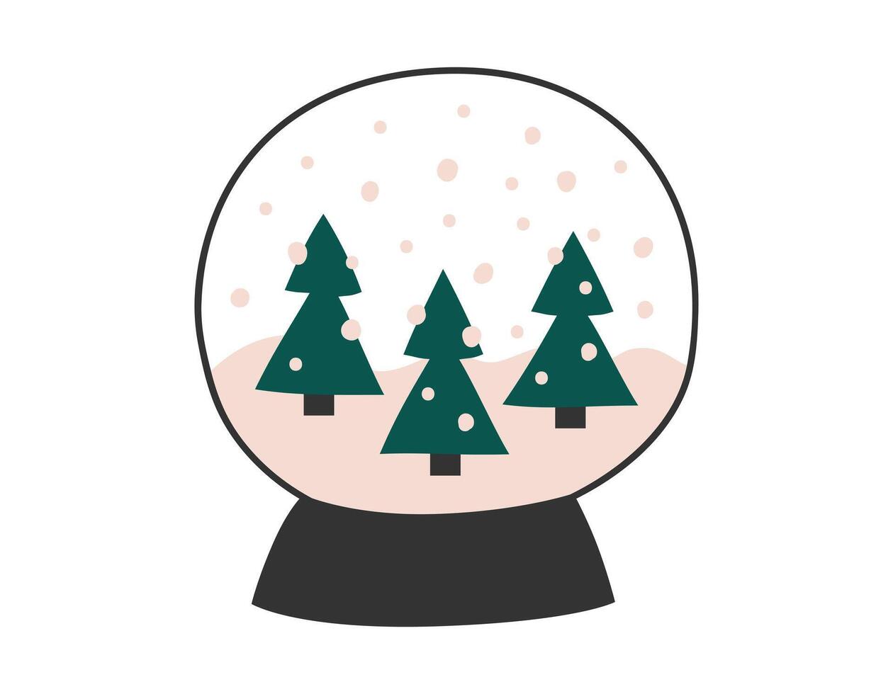 hand- getrokken schattig tekenfilm illustratie van sneeuw bal met drie dennen. vlak vector Kerstmis sneeuwval wereldbol sticker in gekleurde tekening stijl. nieuw jaar, Kerstmis icoon of afdrukken. geïsoleerd Aan achtergrond.