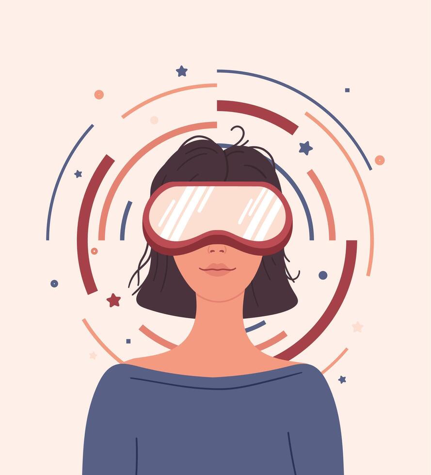 meisje op zoek door virtueel realiteit stofbril. modern vrouw in futuristische bril. gekleurde vlak tekenfilm, persoon werken met vr hoofdtelefoon. vector illustratie