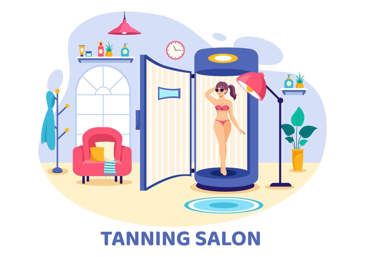 bruinen salon vector illustratie van bed procedure naar krijgen exotisch huid met modern technologie Bij de spa solarium in vlak tekenfilm achtergrond