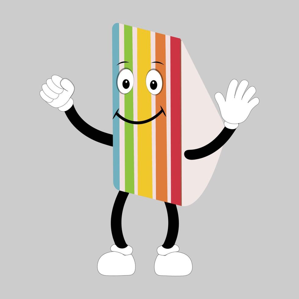 groovy taart gesneden tekenfilm mascotte karakter met glimlach. grappig retro verjaardag taart plak in sportschoenen, banketbakkerij mascotte, grafisch element voor website vector