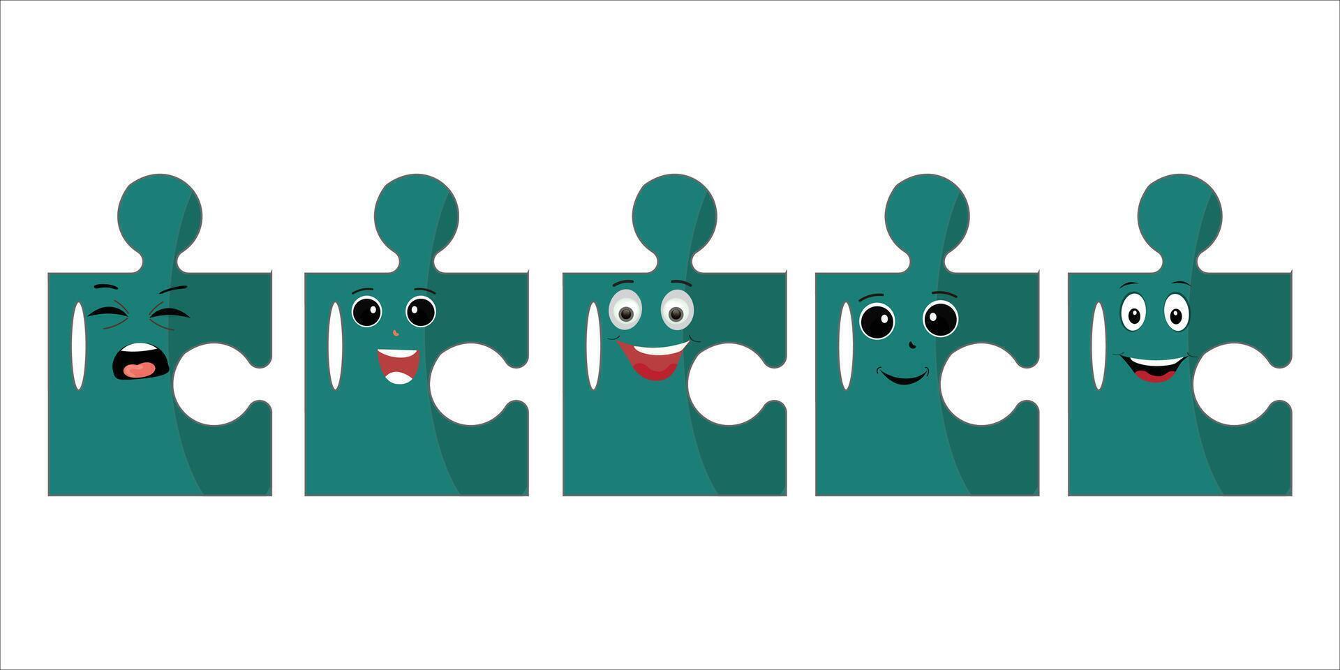 puzzels gezichten. grappig helder puzzel stukken tekens schattig glimlach of boos gezicht emotie, decoupeerzaag emoji toetreden vrienden creatief vorm tekenfilm mascotte concept vector illustratie van puzzel uitdrukking grappig