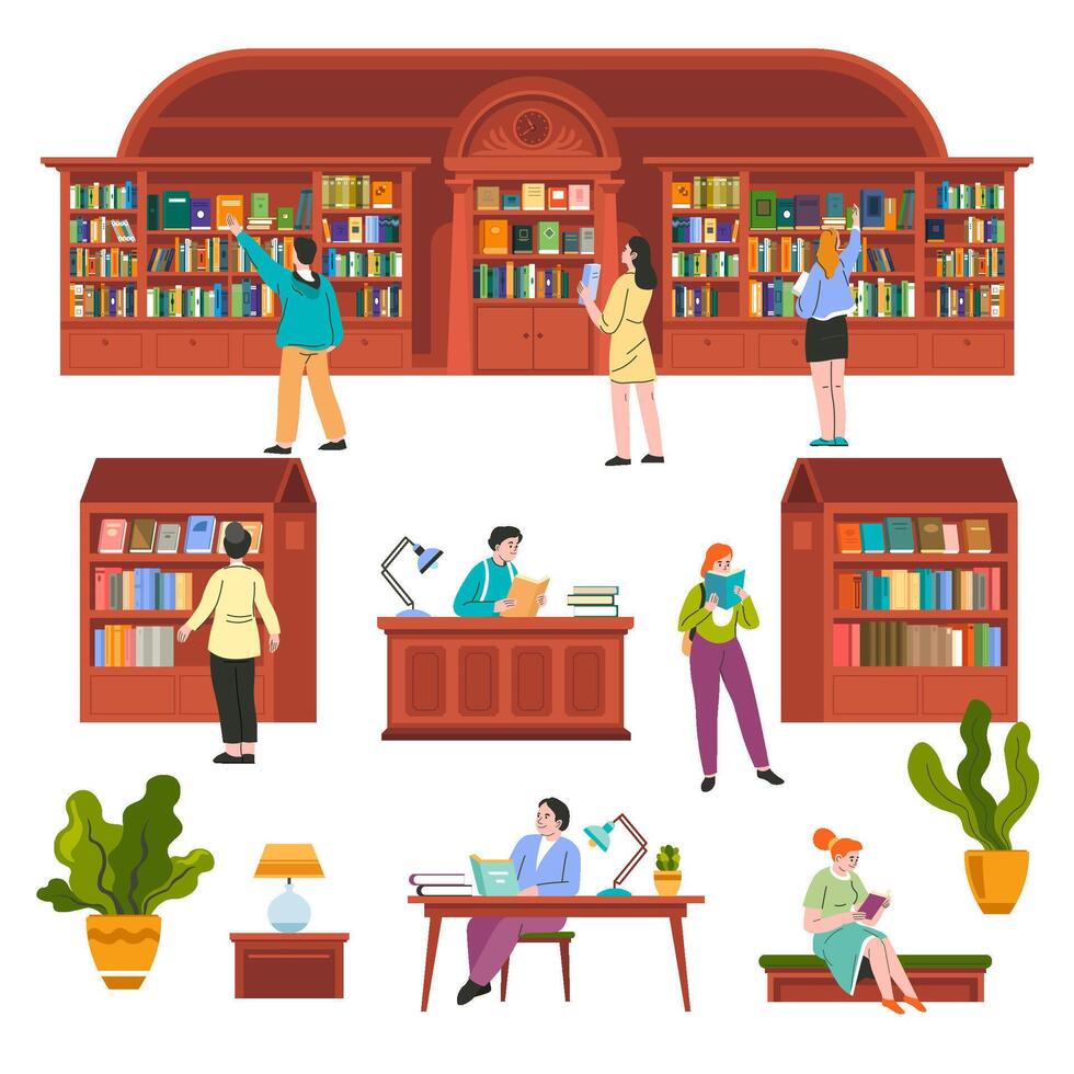 leerzaam bibliotheek of boekhandel met lezers vector
