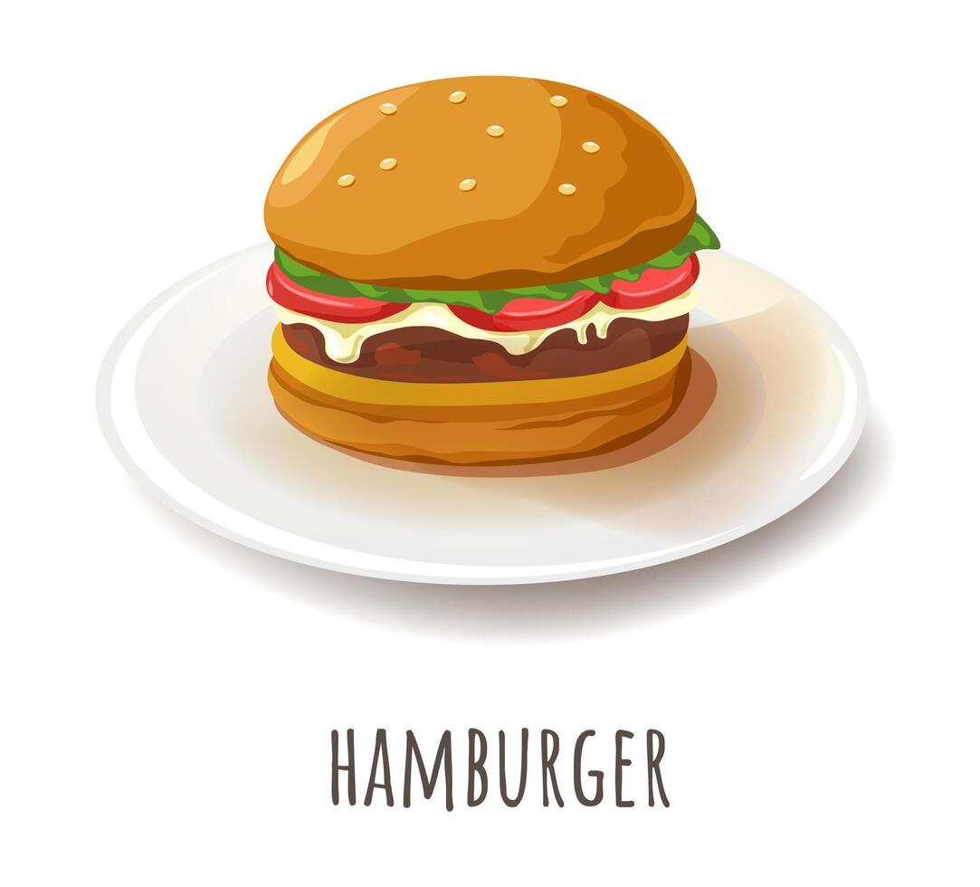 Hamburger met kaas en vlees, smakelijk maaltijd vector