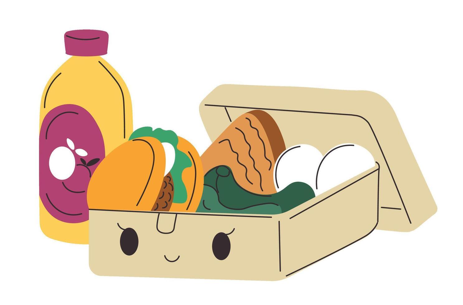 lunch doos met evenwichtig voedsel en fruit drank vector
