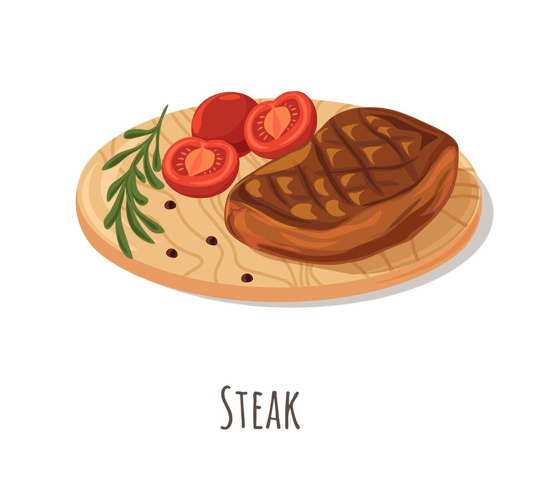 steak, gegrild stuk van rundvlees of varkensvlees met tomaten vector