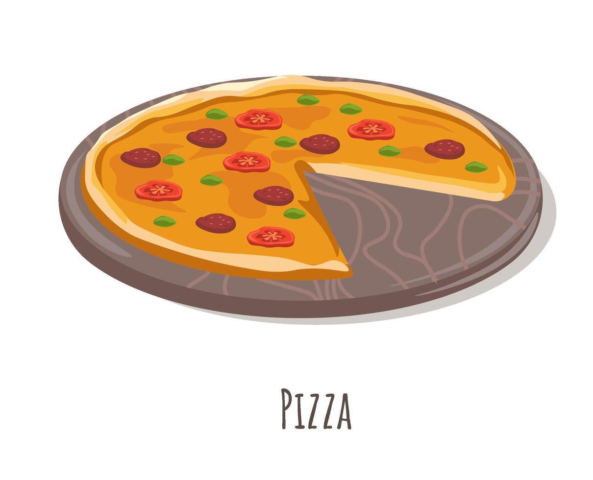 Italiaans pizza met peperoni en tomaat plakjes vector